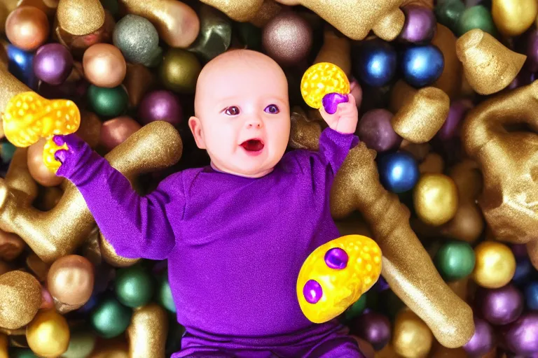 Prompt: baby thanos waving a golden rattle with colored gems