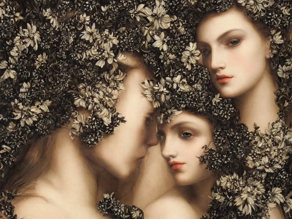 Prompt: hyperrealism close - up mythological portrait of a beautiful medieval women partially made of black flowers in style of classicism using the fibonacci golden ratio, pale skin, ivory make up on the eyes, wearing black silk robes, dark and dull palette