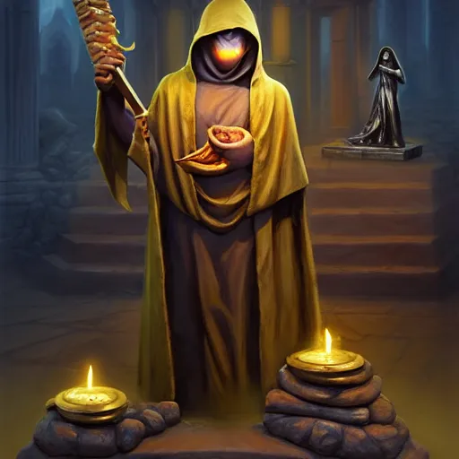 Image similar to a hooded cultist is stabbing a banana placed on an altar, in front of a stone statue of a forgotten god, by patrick mcenvoy and michael komarck and fantasy flight, incredible quality, trending on artstation