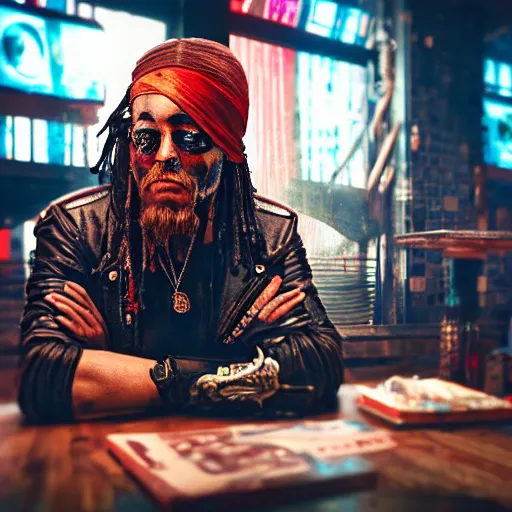 Image similar to a high quality portrait of a gritty pirate in a cyberpunk cyberpunk cyberpunk cafe, realism, 8k, award winning photo