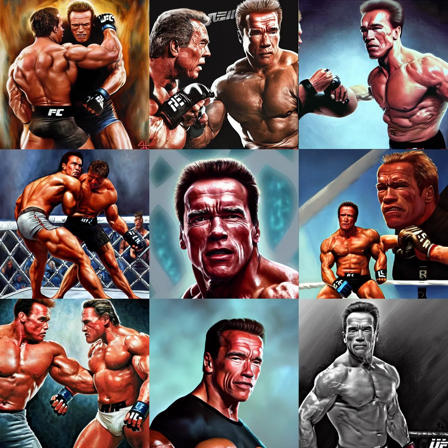 Prompt: Arnold Schwarzenegger in an UFC fight in octagon, artstation hall of fame gallery, editors choice, #1 digital painting of all time, most beautiful image ever created, emotionally evocative, greatest art ever made, lifetime achievement magnum opus masterpiece, the most amazing breathtaking image with the deepest message ever painted, a thing of beauty beyond imagination or words, 4k, highly detailed, cinematic lighting