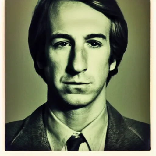 Prompt: Mugshot Portrait of Young Saul Goodman, taken in the 1970s, photo taken on a 1970s polaroid camera, grainy, real life, hyperrealistic, ultra realistic, realistic, highly detailed, epic, HD quality, 8k resolution, body and headshot, film still, front facing, front view, headshot and bodyshot, detailed face, very detailed face