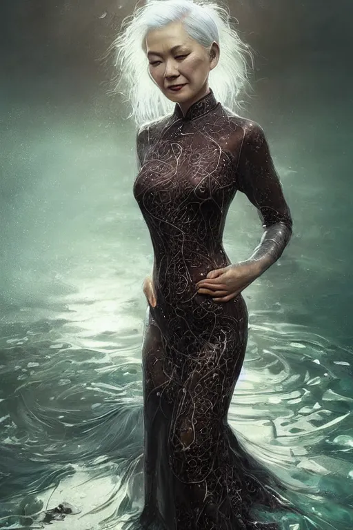 Prompt: portrait of a beautiful woman wearing a cheongsam dress, drenched body, silver hair, emerging from the water, dark fantasy, regal, fractal crystal, fractal gemstones, by ross tran, stanley artgerm lau, thomas kindkade, loish, norman rockwell