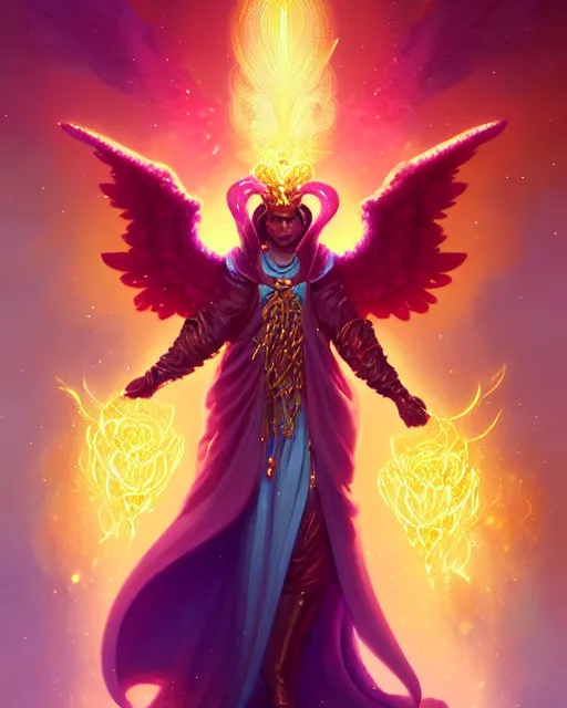 Prompt: a character portrait of only one male angel of justice with golden fiery wings, surrounded with spiriling sparkling rose crystals and galaxies, by peter mohrbacher, hyper light drifter, jim burns, greg rutkowski, trending on artstation