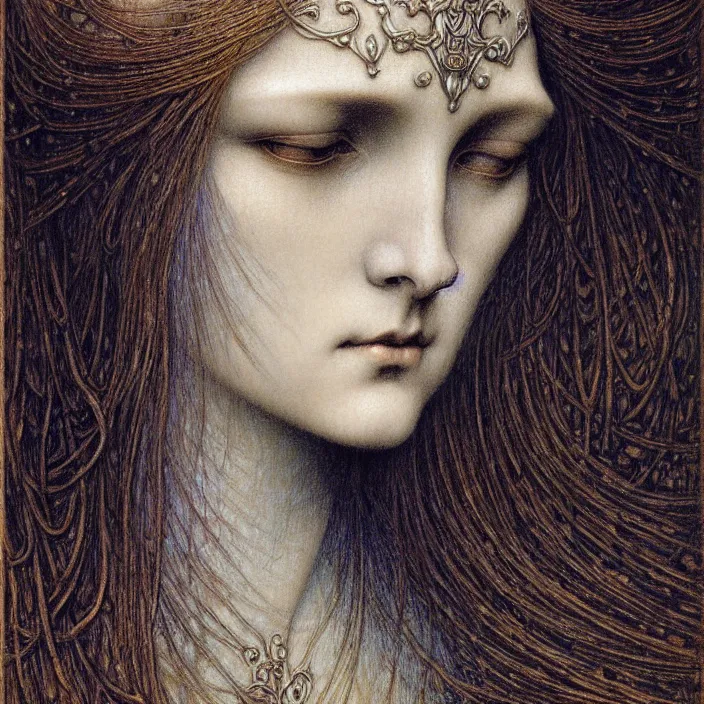 Image similar to detailed realistic beautiful young medieval queen face portrait by jean delville, gustave dore and marco mazzoni, art nouveau, symbolist, visionary, gothic, pre - raphaelite. horizontal symmetry