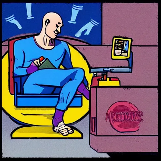 Image similar to Dr Manhattan working at McDonalds because he lost all of his money leverage trading bitcoin, mike judge art style, 90s mtv illustration, rich complementary colors W- 1920