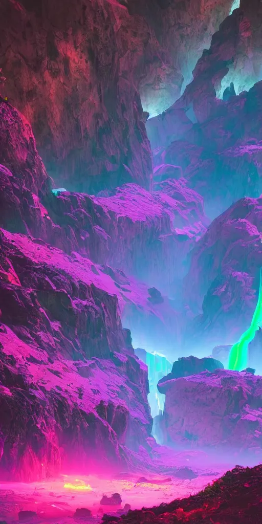 Image similar to a beautiful neon alien landscape, mountains, neon waterfalls