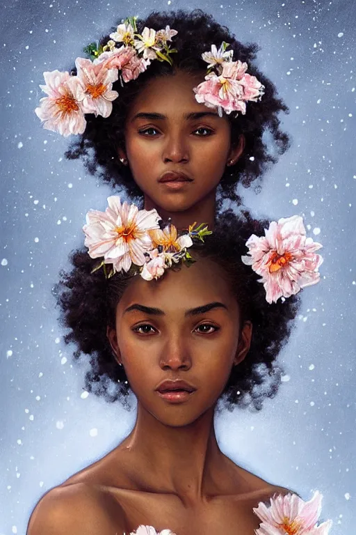 Prompt: ultra realistic illustration, beautiful swahili girl with flowers blossoming from her afro, in low v neck dress, snowy, elegant, highly detailed, digital painting, concept art, smooth, sharp focus, illustration, art by artgerm and greg rutkowski and alphonse mucha