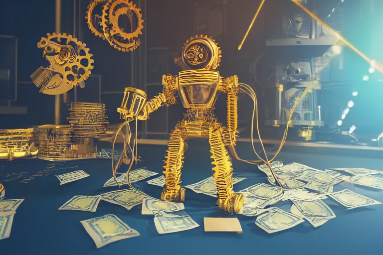 Image similar to photo of a golden and blue metal steampunk office robot with gears and tubes sitting in a modern office, on the office table and floor is a mountain of money bills, eyes are glowing red lightbulbs, shiny crisp finish, 3 d render, 8 k, insaneley detailed, fluorescent colors, background is multicolored lasershow