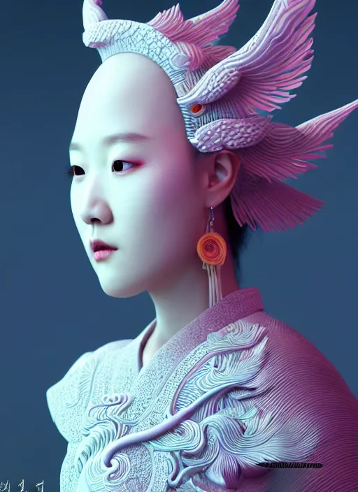 Image similar to 3 d goddess medium shot profile portrait. beautiful intricate highly detailed korean gumiho mask and traditional korean hanbok. stingray, magpie, bio luminescent, plasma, lava, ice, water, wind, creature, fog, artwork by tooth wu and wlop and beeple and greg rutkowski, 8 k trending on artstation,
