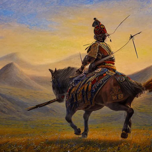 Prompt: detailed and perfect mongolian warrior with his bow, archery, from ancient lands of taran shooting arrows from his horse in the distance, mongolian gobi grass lands landscape, highly detailed, ultrawide lens, aerial painting, impressionism, chiaroscuro, painting by artemisia, dark background