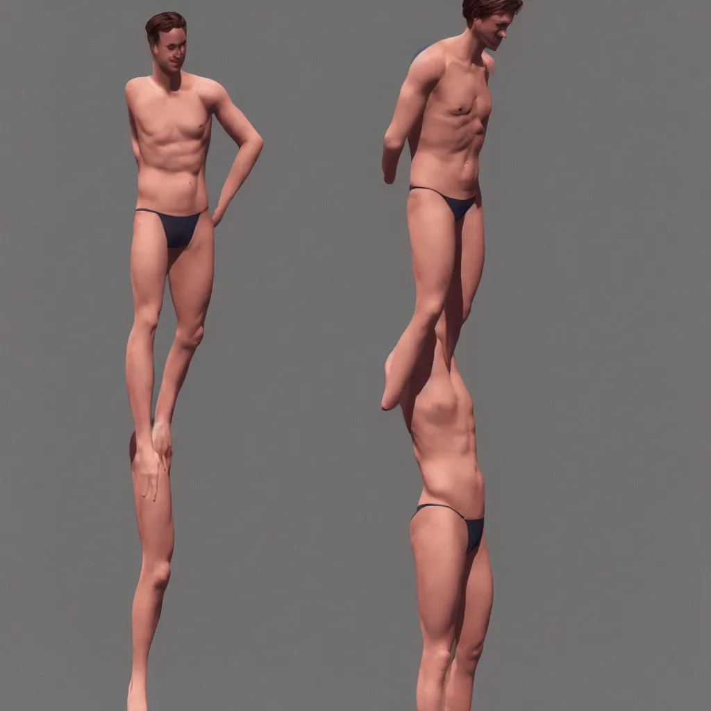 Image similar to full body male on a swimsuit photographed by liselotte habets with juno birch make up, digital art, redshift render, hyperrealistic