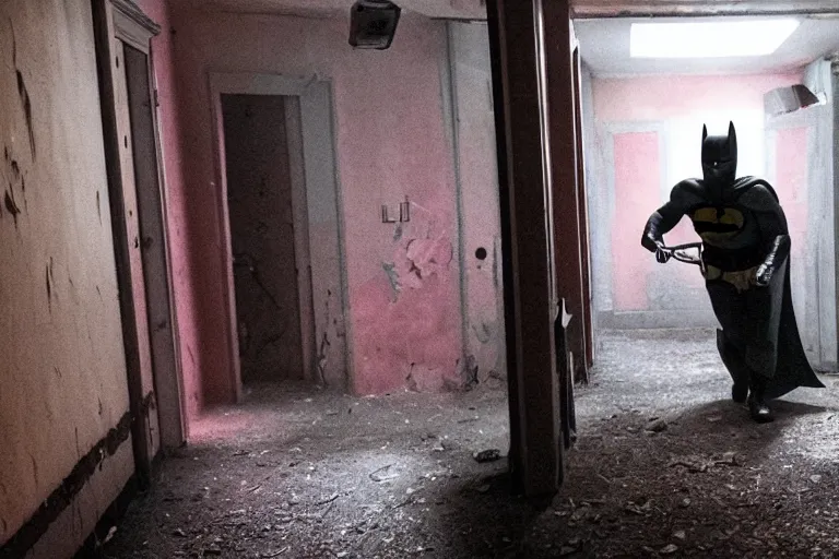 Image similar to batman wearing pink apron wielding an axe, chasing through old brown decrepit hallway, creepy smile, atmospheric eerie lighting, dim lighting, bodycam footage, photograph