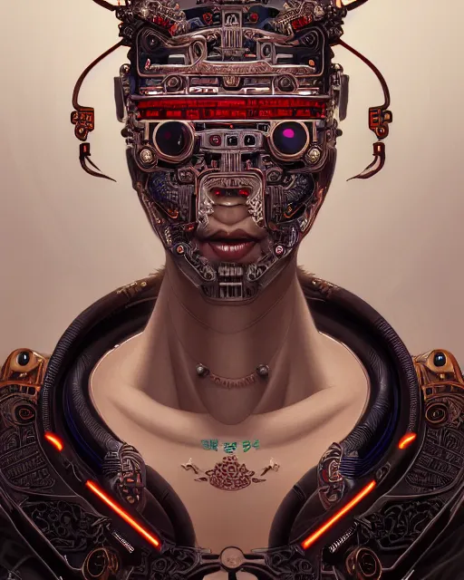 Image similar to portrait of a cyberpunk machine, machine face, upper half portrait, decorated with chinese opera motifs, asian, fine china, traditional chinese art, intricate, elegant, highly detailed, symmetry, headpiece, digital painting, artstation, concept art, smooth, sharp focus, illustration, art by artgerm and greg rutkowski and alphonse mucha, 8 k