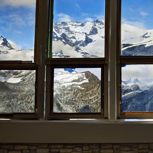 Image similar to Interior of a building with large windows in which you can see snow-capped mountains, highly detailed, sharp focus