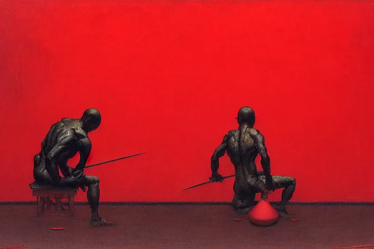 Image similar to only with red, a red samurai do seppuku, tokio, a lot of frogs watch, in the style of beksinski, parts by edward hopper, parts by rodcenko, parts by yue minjun, intricate and epic composition, red by caravaggio, insanely quality, highly detailed, masterpiece, red light, artstation, 4 k