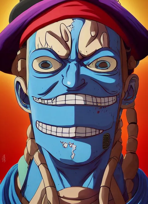 Prompt: a portrait of Franky from one piece as a real man, wearing a traditional sumo dress, very muscular, blue hair, handsome chad chin, glowing red laser eye, intricate, highly detailed, digital painting, artstation, concept art, smooth, sharp focus, illustration, art by Gustave Baumann, matte painting