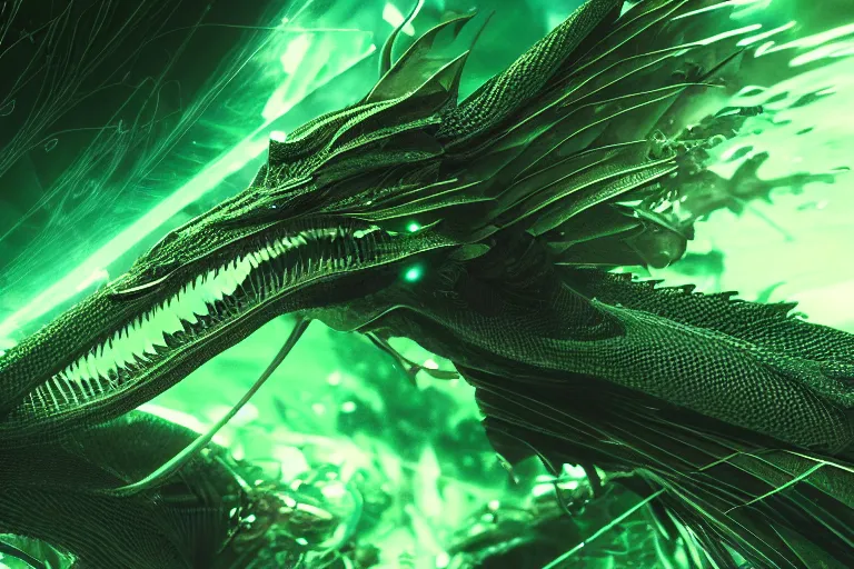 Prompt: green snakelike dragon flying in a future hyper dimensional space galactic crystal nebula edges elegant detailed intricate concept artstation sharp focus ray tracing cinematic masterpiece octane render nvidia
