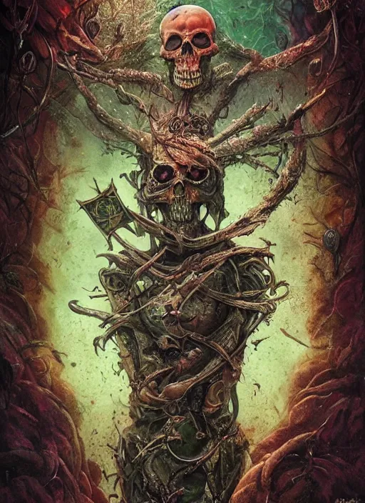 Image similar to the mock turtle, death tarot card, highly detailed, half skull face, cinematic, 8 k, by megan duncanson, benjamin lacombe, adrian borda, stanley artgermm, tom bagshaw, craig mullins, carne griffiths, ayami kojima, beksinski, giger, trending on deviantart, hyper detailed, horror, full of colour