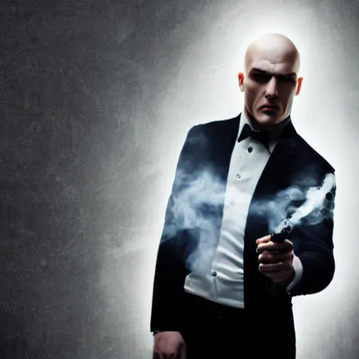 Prompt: photo of hitman agent 4 7 in a bubble bath, smoking