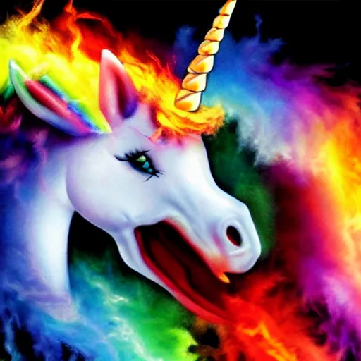 Image similar to unicorn dragon spitting rainbow fire, realistic