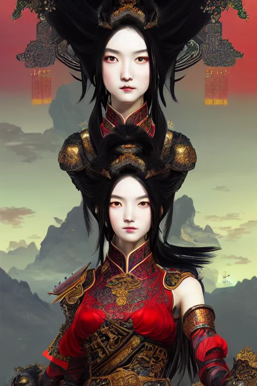 Image similar to portrait black hair young knights of Dynasty Warriors girl, metallic red mirror armor, in ruin chinese temple rooftop sunset, ssci-fi and fantasy, intricate and very beautiful and elegant, highly detailed, digital painting, soft light, artstation, concept art, smooth and sharp focus, illustration, art by tian zi and WLOP and alphonse mucha