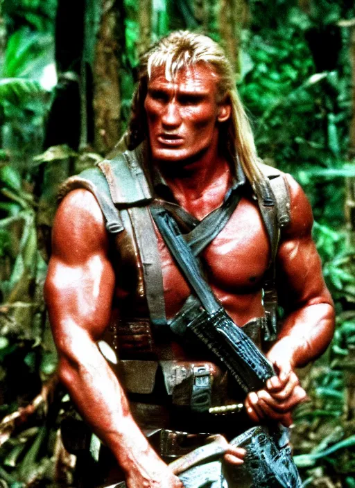 Image similar to film still of Dolph Lundgren as Dutch in Predator, 4k