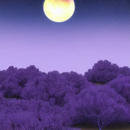 Image similar to a planet with purple rivers and blue trees, there are hills in the background of the image, realistic