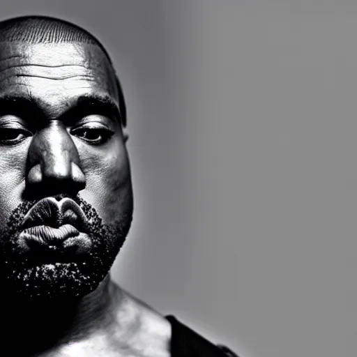 Image similar to a split lighting portrait of kanye west dressed as rick owens, black background, portrait by julia margaret cameron, shallow depth of field, 8 0 mm, f 1. 8