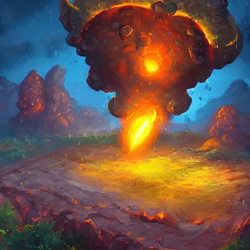 Image similar to giant fiery rocky balls rain, meteor shower, hearthstone art style, epic fantasy style art, fantasy epic digital art, epic fantasy card game art