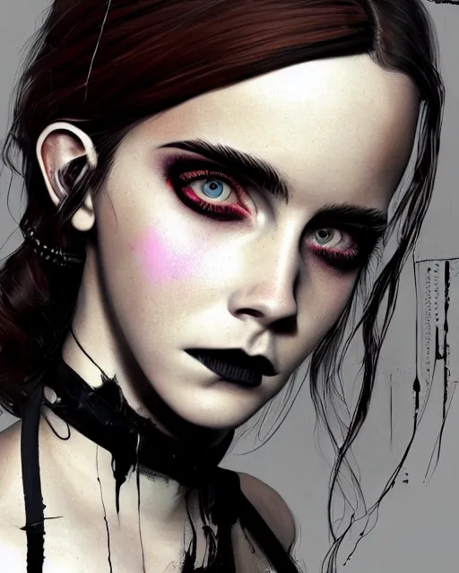 Image similar to goth cyberpunk portrait of emma watson, au naturel, hyper detailed, digital art, trending in artstation, cinematic lighting, studio quality, smooth render, unreal engine 5 rendered, octane rendered, art style by klimt and nixeu and ian sprigger and wlop and krenz cushart.