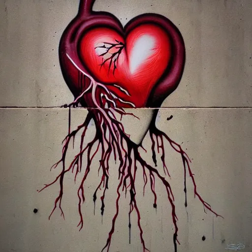 Image similar to graffiti of a dripping anatomical heart with roots growing above it, sadness, dark ambiance, concept by godfrey blow, banksy, featured on deviantart, sots art, lyco art, artwork, photoillustration, poster art