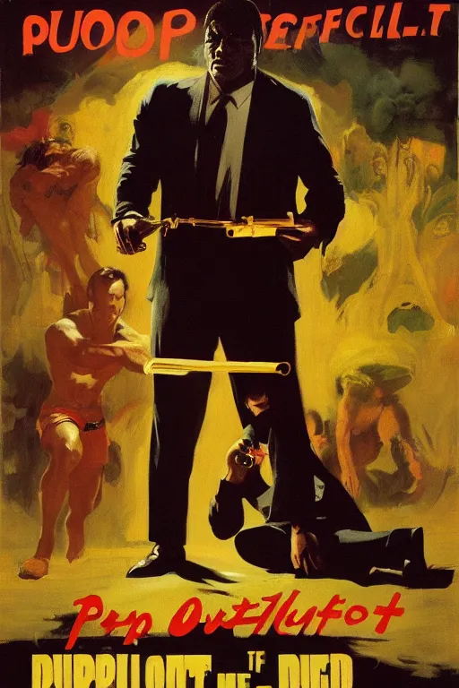 Prompt: Movie poster of Pulp Fiction, by frank frazetta, ilya repin, 8k, hd, high resolution print