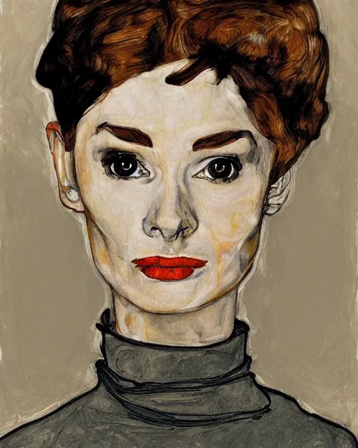 Image similar to portrait of audrey hepburn as an android by egon schiele in the style of greg rutkowski