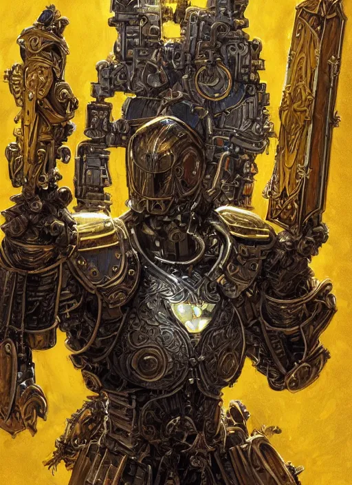 Image similar to dynamic portrait of a intricate glorious holy mechanical warforged character in yellow armor holding a paladin engraved great longsword and carrying a big paladin shield, spotlight from face , epic , trending on ArtStation, masterpiece, cinematic lighting, by Jesper Ejsing and by Philippe Druillet and by Yoann Lossel and by John Salminen