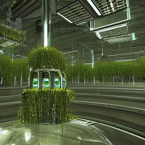 Image similar to Robo-modules of the GLaDOS super computer in the center of a huge hall overgrown with vines and plants of the complex, old computers, a suspension of dust in the air, rays of light through the ceiling, realism, art,