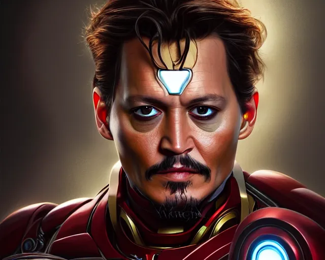 Image similar to photography of johnny depp as ironman, deep focus, d & d, fantasy, intricate, elegant, highly detailed, digital painting, artstation, concept art, matte, sharp focus, illustration, hearthstone, art by artgerm and greg rutkowski and alphonse mucha