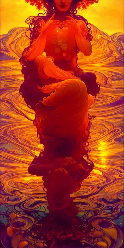 Image similar to transcendent bodhisattva mind bending psychedelic waves of glossy liquid honey flowing like kaleidoscopic translucent amber, lsd waves, honey ripples, enlightenment, dramatic professional lighting, refracted sunset lighting, highly detailed, concept art, art by collier, albert aublet, krenz cushart, artem demura, alphonse mucha