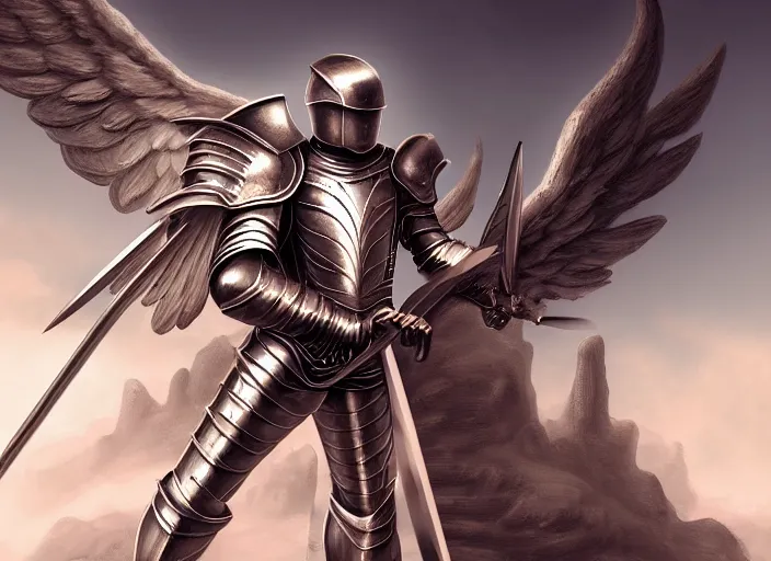 Image similar to a digital painting of an angel in armor in armor in armor holding two swords, a digital rendering by jan tengnagel, fantasy art, deviantart uhd, deviantart, apocalypse art, ray tracing, highly detailed, high quality, 8 k resolution