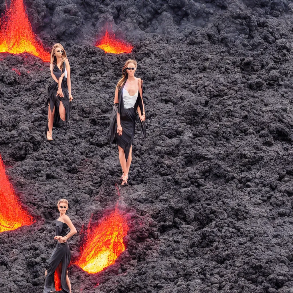 Prompt: fashion portrait in erupting volcano lava. wide angle shot. highly detailed.