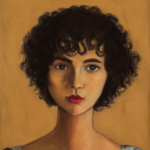 Prompt: portrait of a young lady with curly black hair and round face, thin lips, big brown eyes