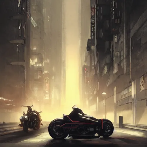 Image similar to Katsuhiro otomos akira, Dark cityscapes and futuristic motorcycles, Manga and anime, sinister by Greg Rutkowski