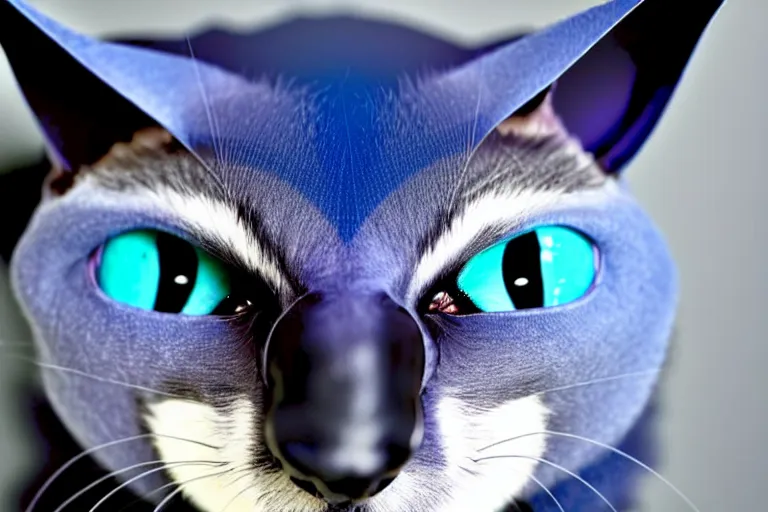 Image similar to a blue - and - black male catbat fursona with blue / green heterochromatic eyes ( differently - colored eyes ) and huge bat ears, photo of the catbat streaming on his computer