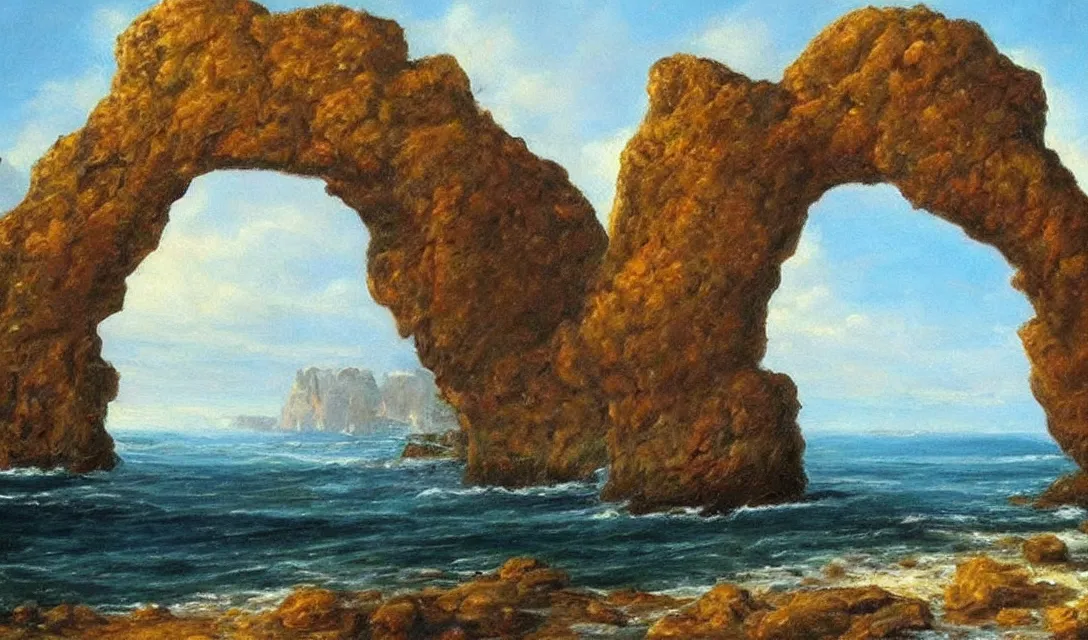 Image similar to romantic! dramatic, painting of the rocher perce!!! with two arches!!!, by carlos de haes!