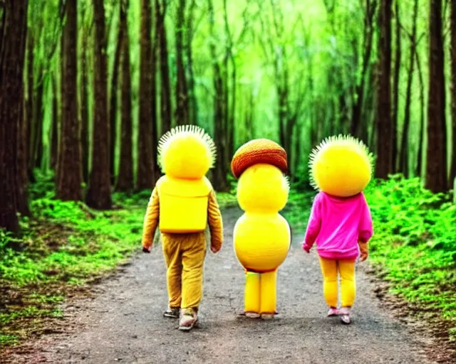 Prompt: cute pineapple people, walking in a forest