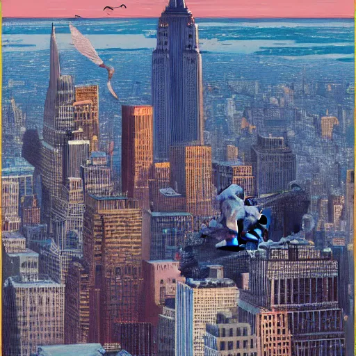 Image similar to giant mouse on empire state building, photorealist, golden hour, high quality