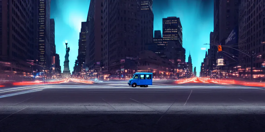 Image similar to an open frame blue tuk tuk going through a desolate manhattan city street at night, statue of liberty seen in the background, realistic 4 k octane beautifully detailed render, 4 k post - processing, highly detailed, detailed face, intricate complexity, epic composition, magical atmosphere, cinematic lighting, masterpiece, color picture, ultra hd