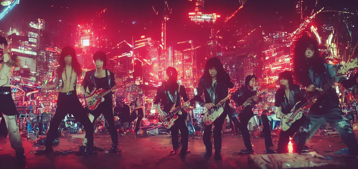 Prompt: The wide shot of disco punk rock Asian band with very long curly dark hair playing on guitars while Godzilla destructs the city and aliens steal their women, top soft box light, night city on the background, flying saucer in the sky, by Lubezki and David Lynch, anamorphic 35 mm lens, cinematic, anamorphic lens flares 4k