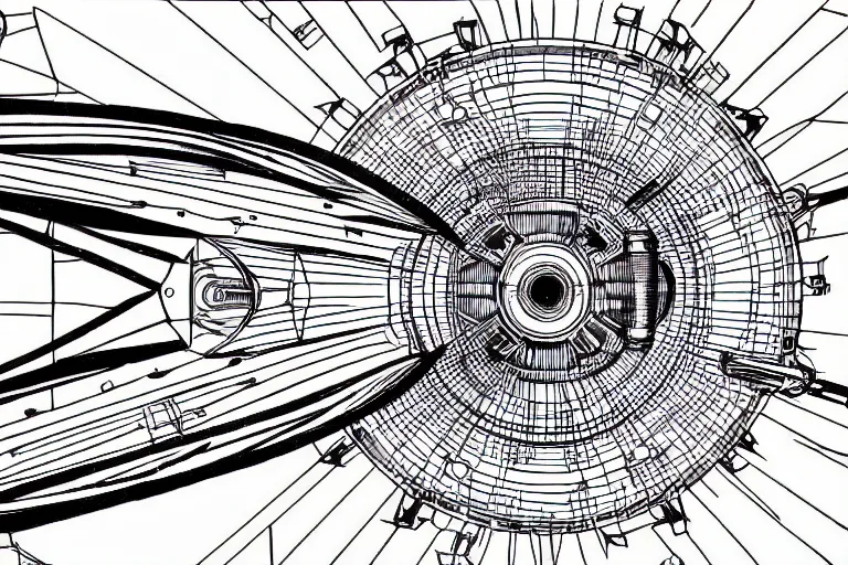 Image similar to Futuristic Neo Solar punk Space ship schematics, Leonardo DaVinci , Line art, Technical drawing, Spaceship parts manufacturing blueprints.
