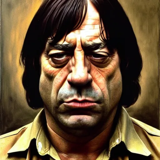 Image similar to javier bardem as anton chigurh in no country for old men. neutral menacing stare. oil painting by lucian freud. path traced, highly detailed, high quality, j. c. leyendecker, drew struzan tomasz alen kopera, peter mohrbacher, donato giancola